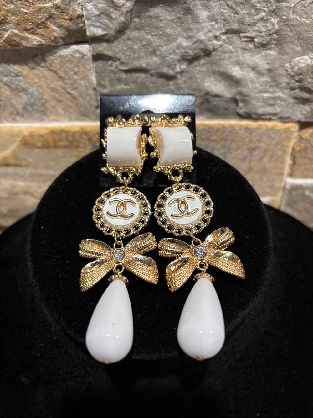 Gold & White CC Bow Drop Earrings
